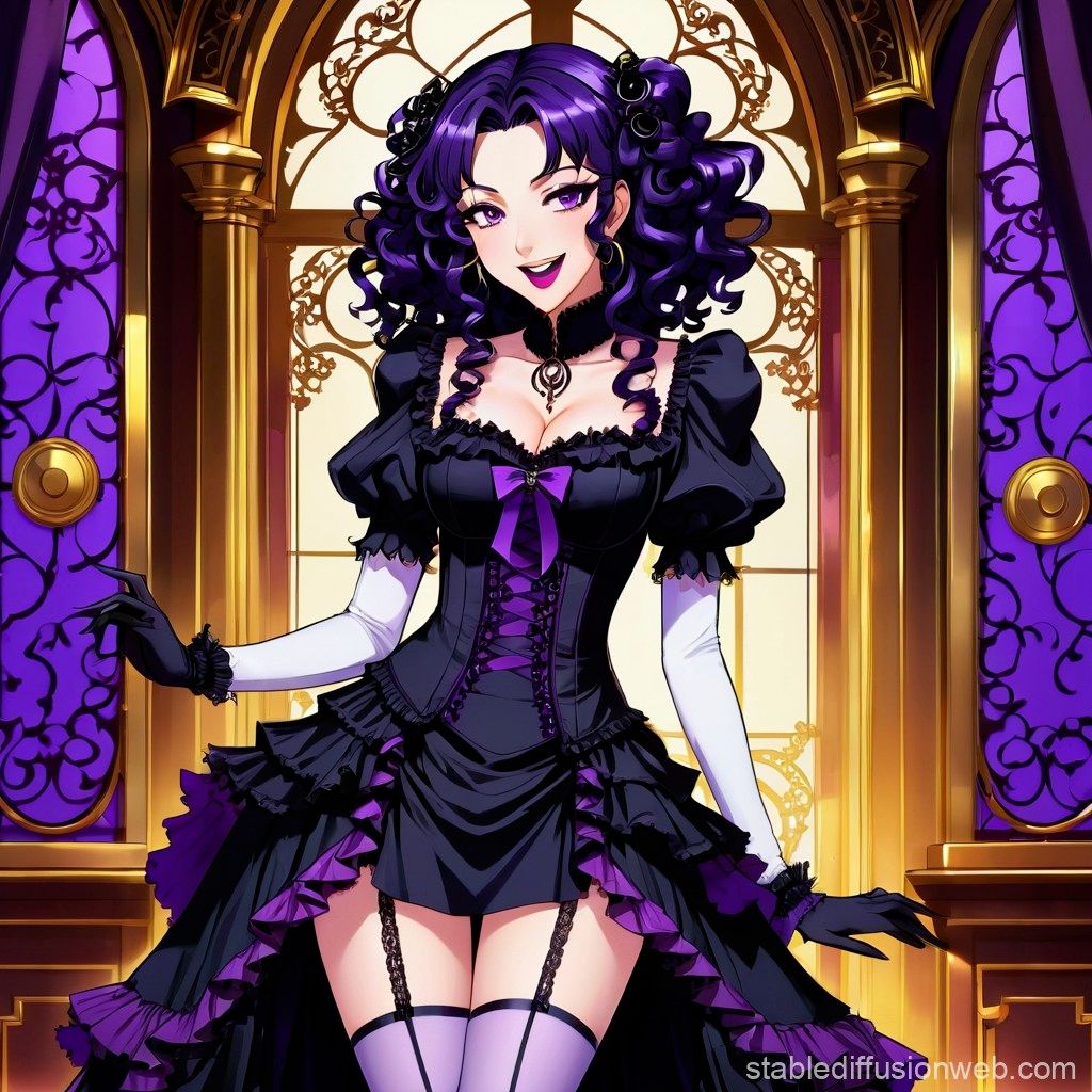 Anime villainess character in gothic attire with purple hair and elaborate dress in a dark fantasy setting