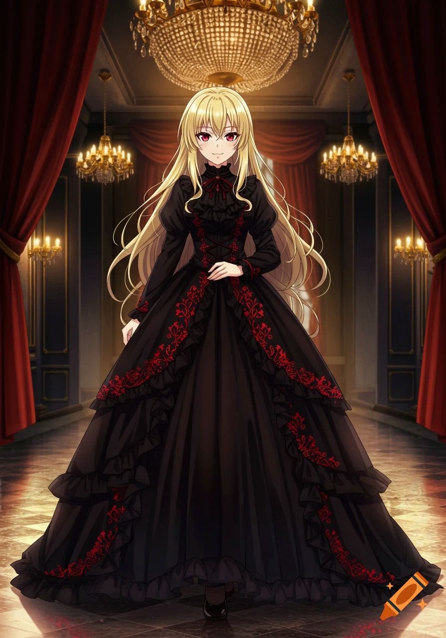 Gothic anime character with long blonde hair in a detailed black dress portraying a villainess archetype