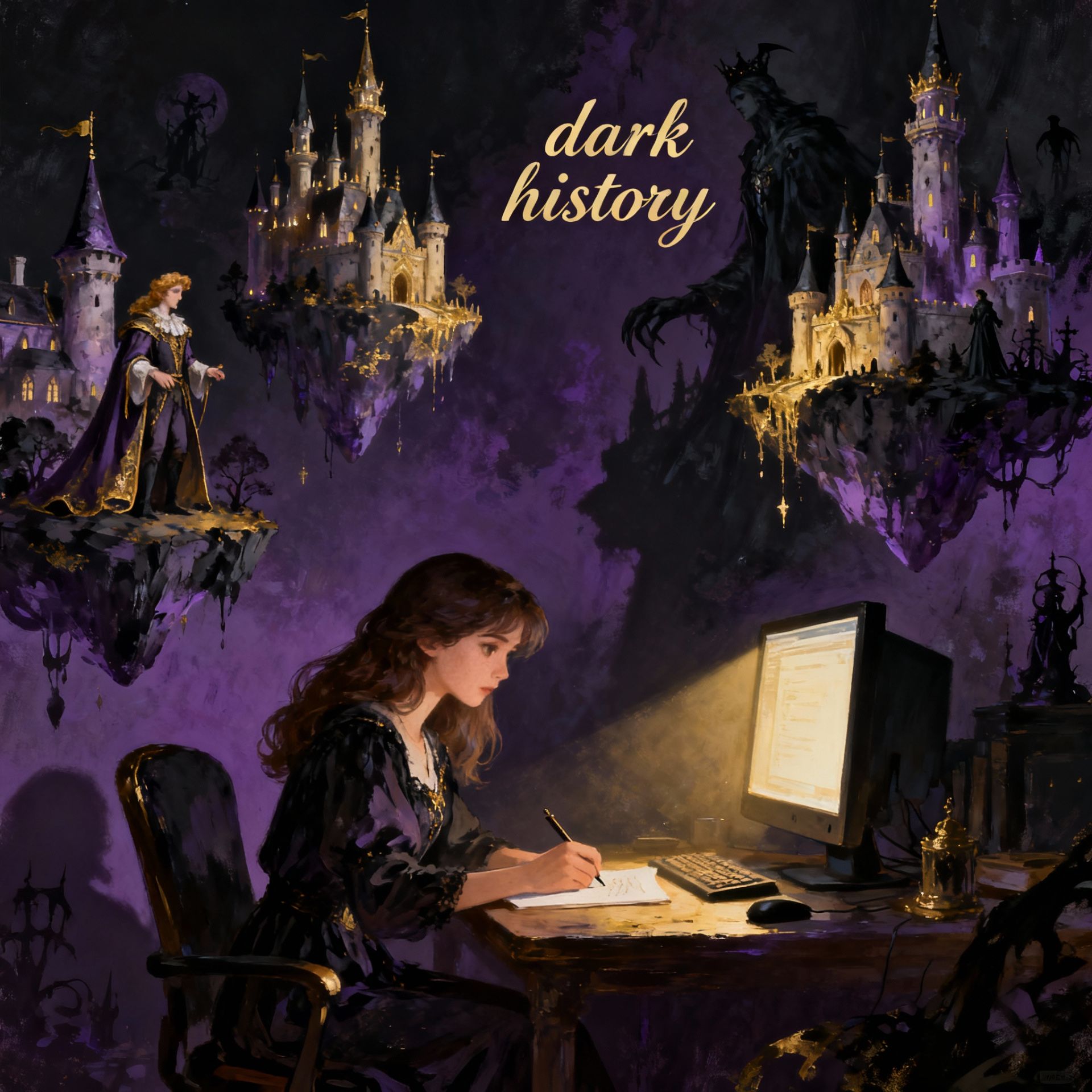 Writer creating her dark fantasy story, unaware of its future consequences