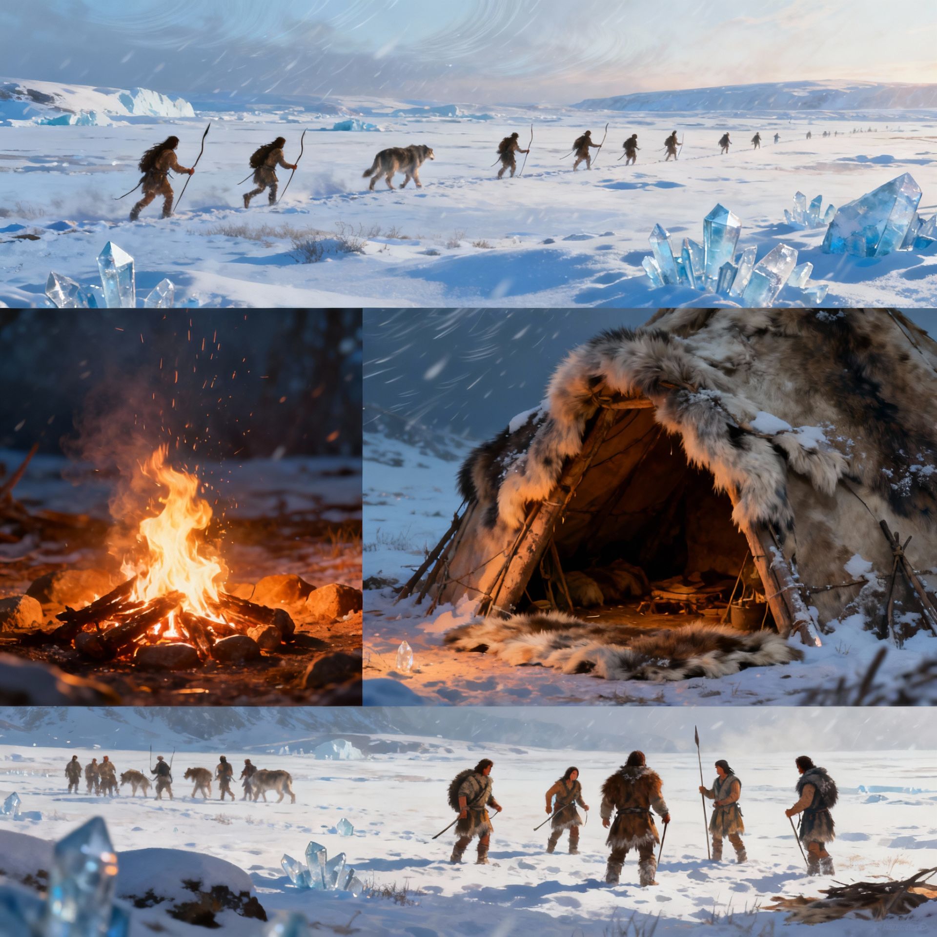 Overview plate of early human survival showing a montage: hunter-gatherers tracking game across tundra, a cooking hearth, a simple hide shelter, and a small cooperative group—highlighting key strategies like foraging, hunting, shelter, and social bonds during the Pleistocene