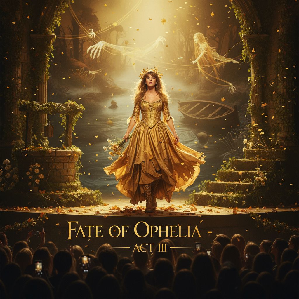 Taylor Swift performing on stage with Shakespearean theme, golden lighting, fate of ophelia dramatic presentation