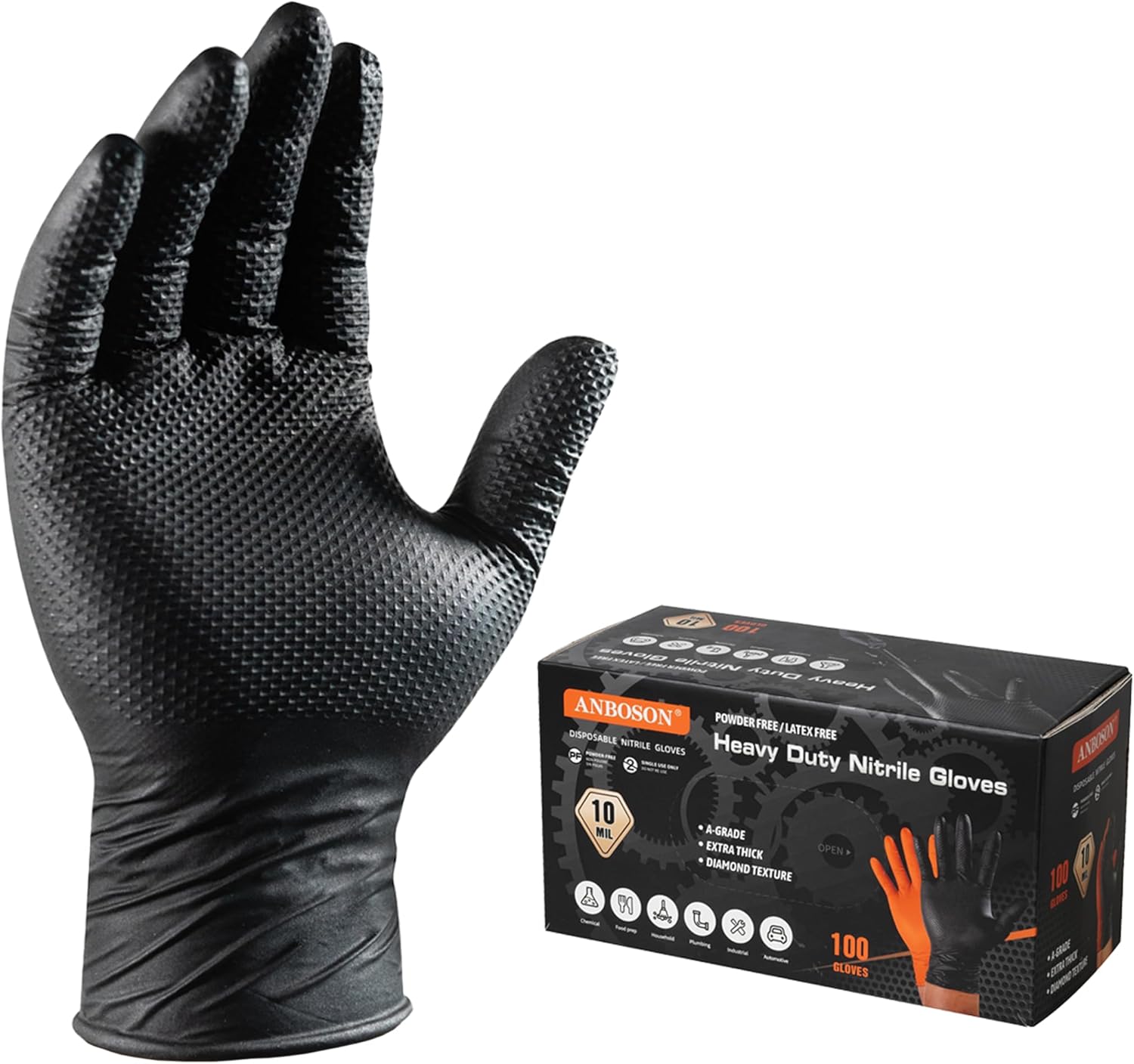 ANBOSON Heavy Duty 10 Mil Nitrile Disposable Gloves 10MBK-100L-HZ2503