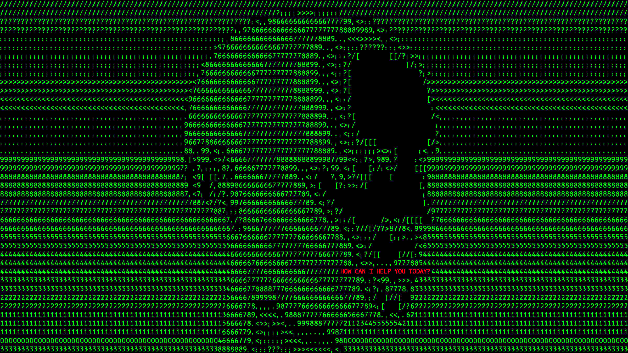 Imagen ASCII de una cabeza con el texto, "¿Cómo puedo ayudarle hoy?"