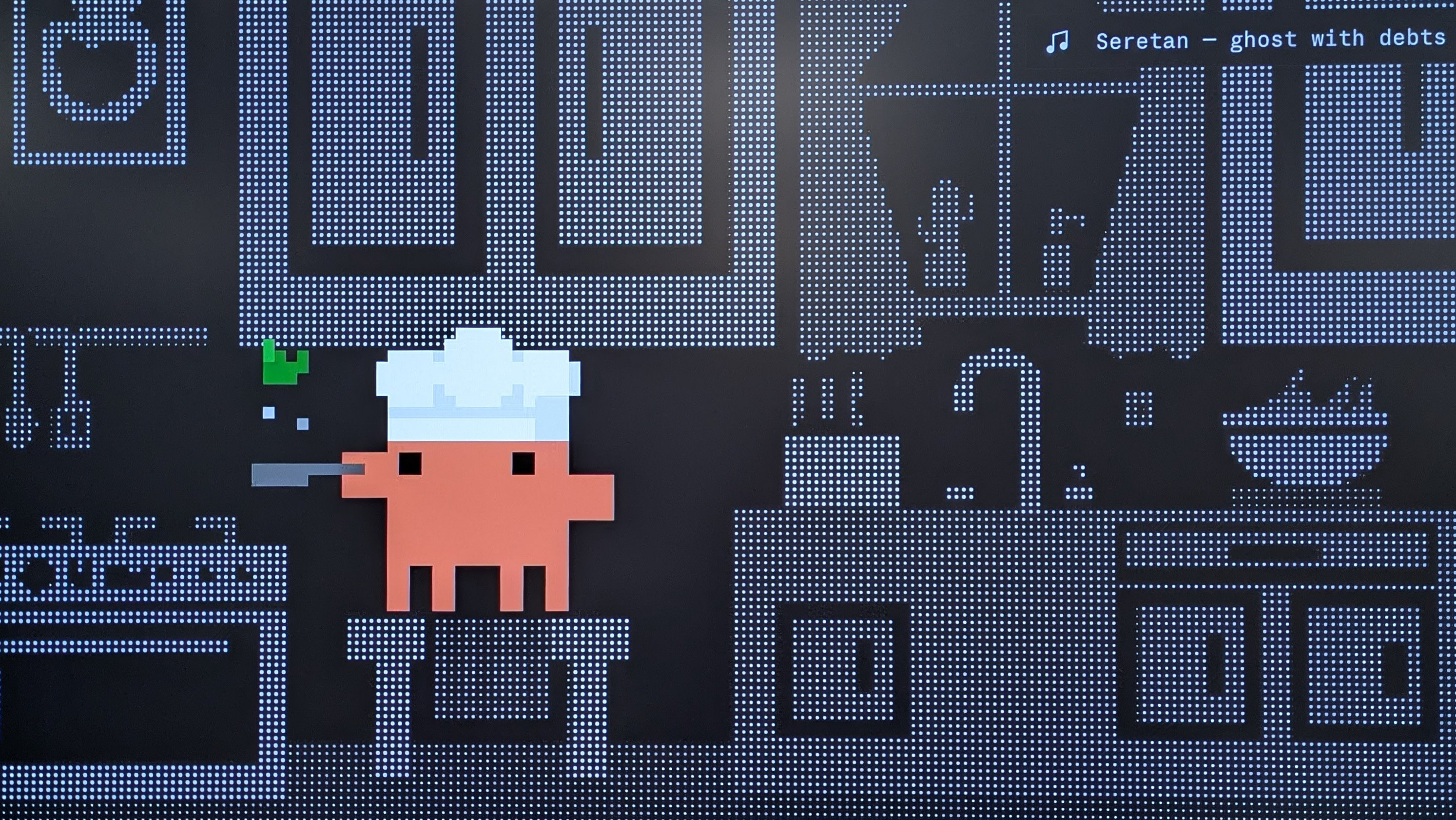 Un personaje de 8 bits con gorro de chef en una cocina pixelada voltea comida en una sartén sobre una estufa pixelada