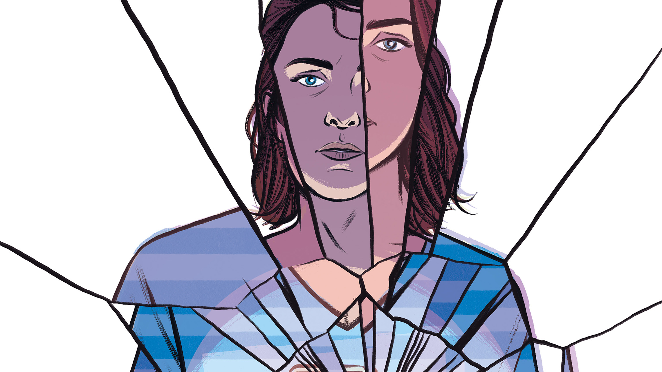 chica sosteniendo un teléfono móvil vista a través de un cristal agrietado