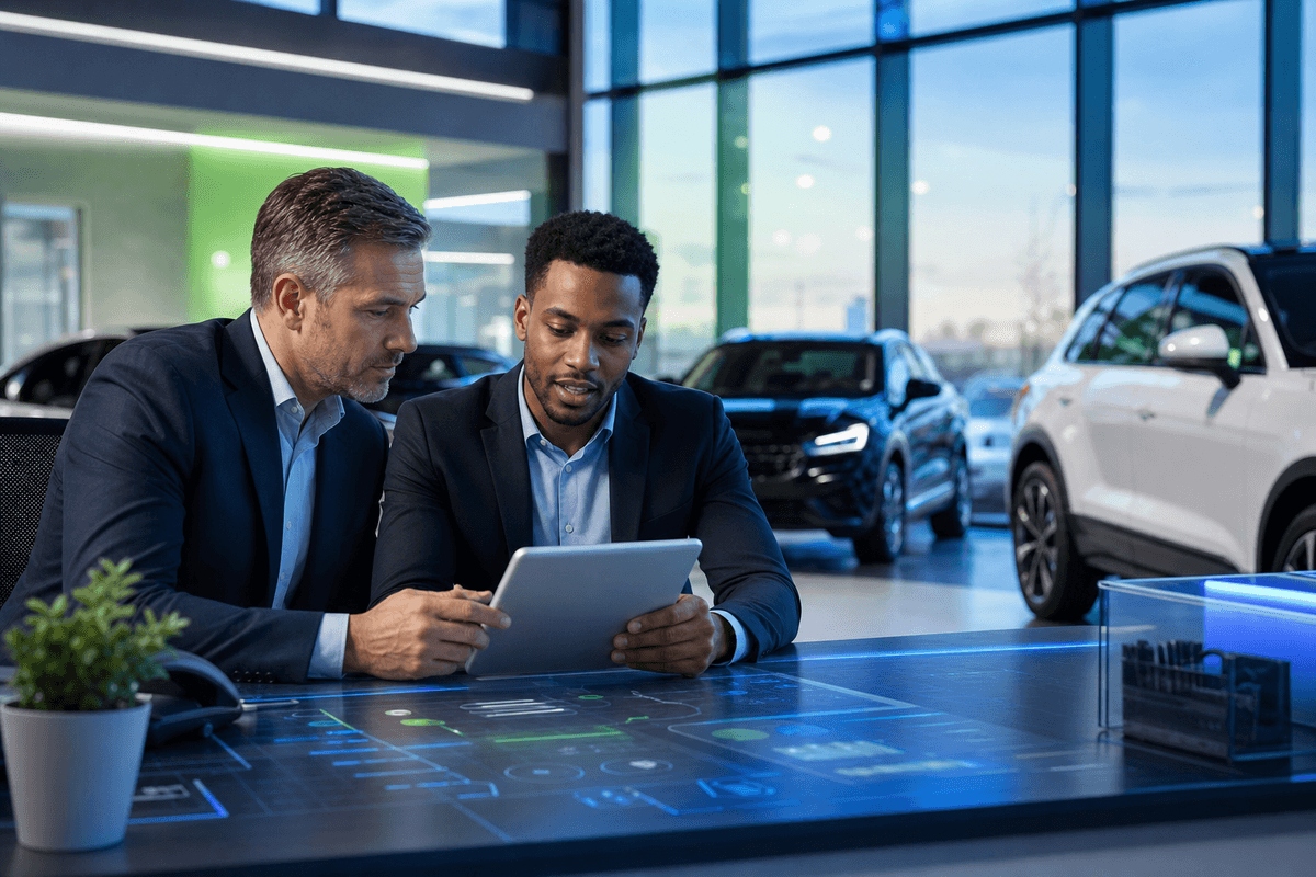 Dealership sales manager reviewing overnight customer conversations with a salesperson as morning showroom activity begins.