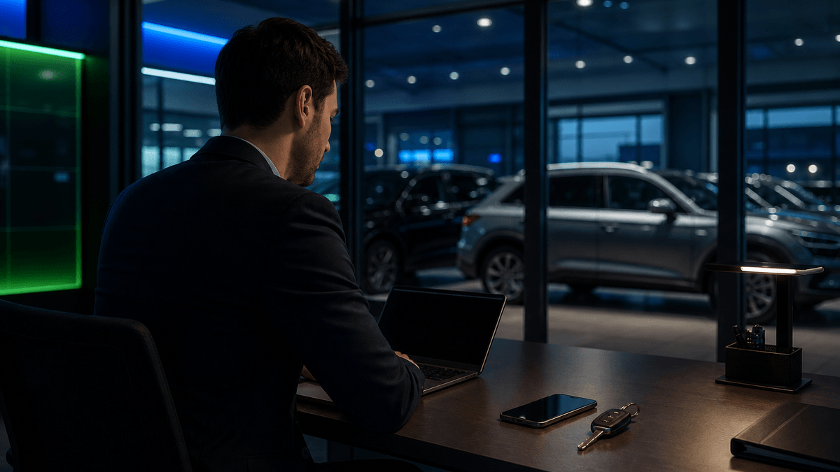 Salesperson checking a phone beside a dealership desk at night while customer messages continue to be handled.