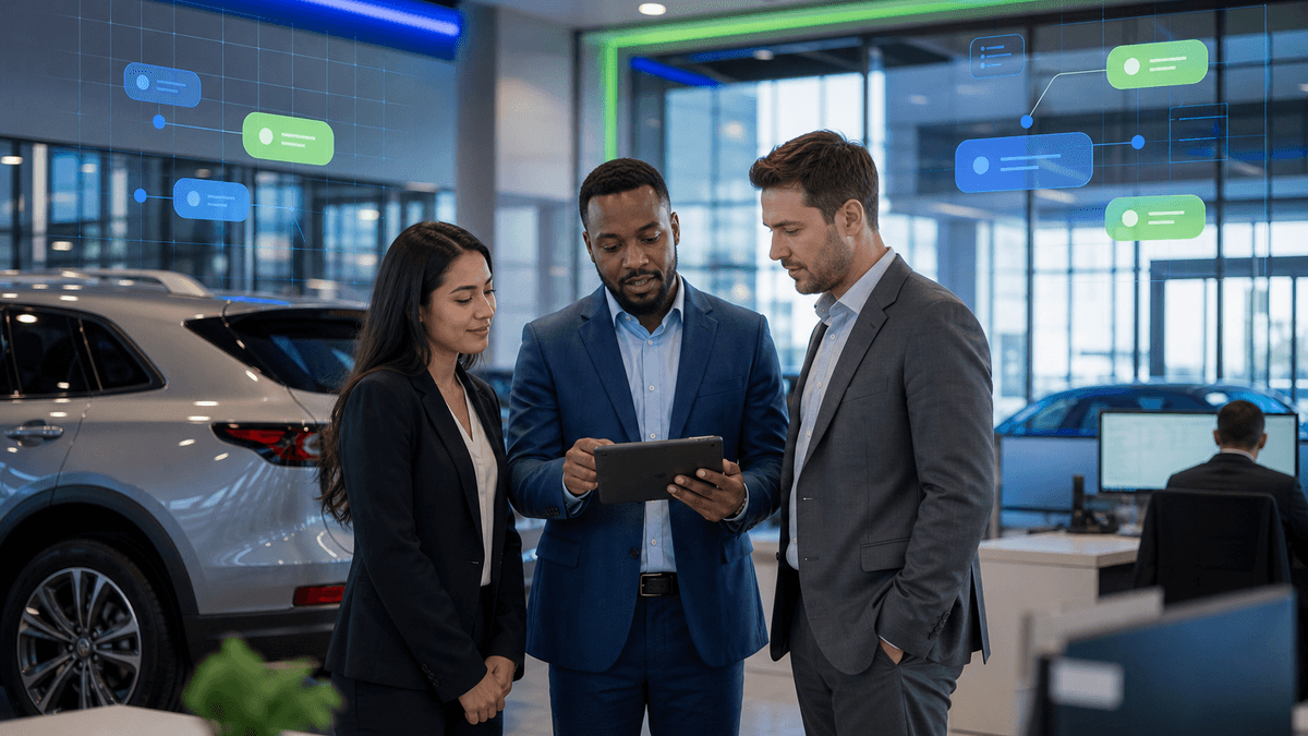 Dealership team reviewing inbound customer replies during a morning sales huddle.