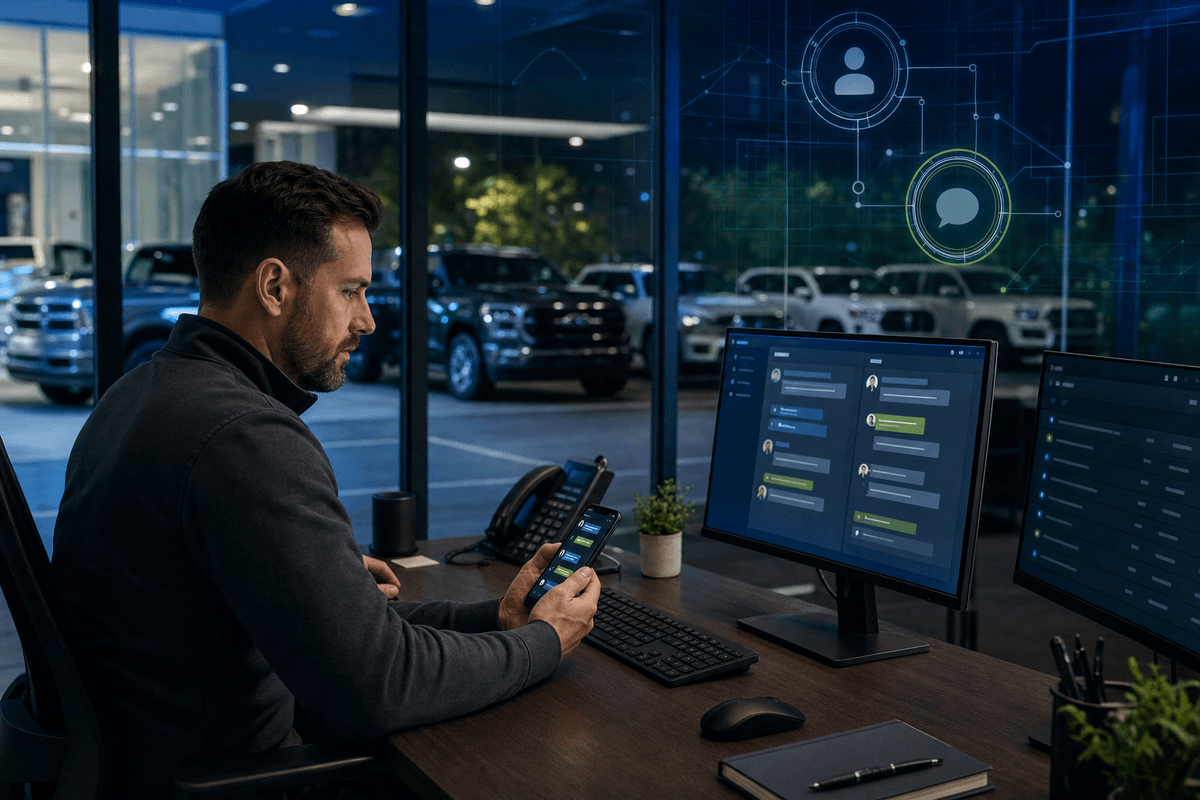 After-hours dealership manager reviewing inbound customer conversations on a phone and workstation in a quiet showroom