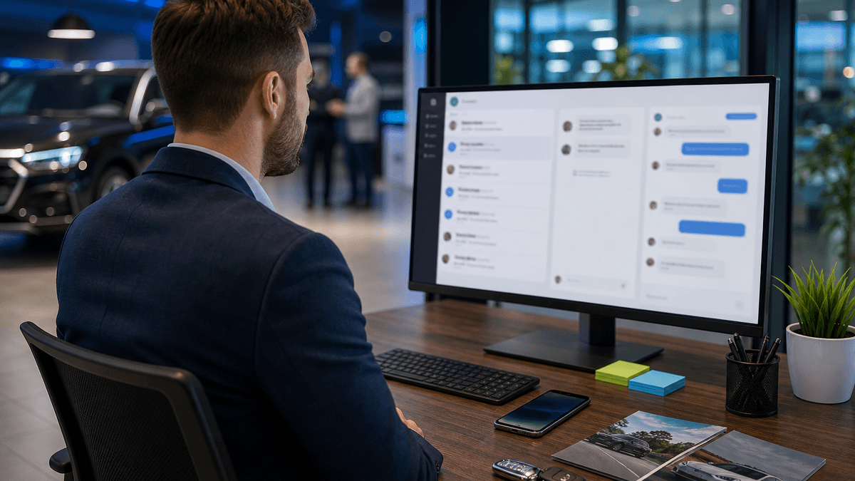 Dealership conversation trail preserved across phone and CRM-style workstation