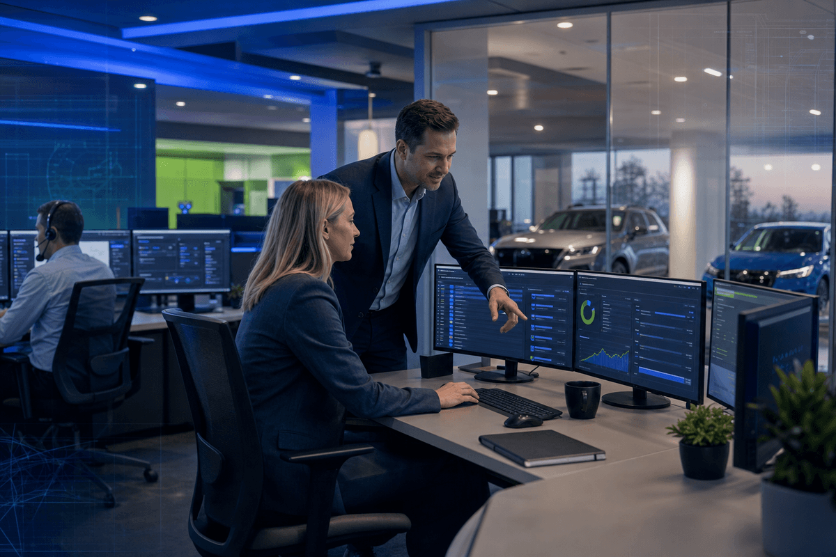 BDC manager reviewing overnight dealership conversations with a salesperson in a modern showroom office