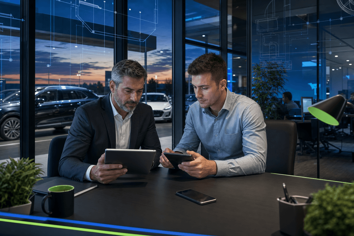 Sales manager reviewing aged lead conversations with a salesperson in a modern dealership office