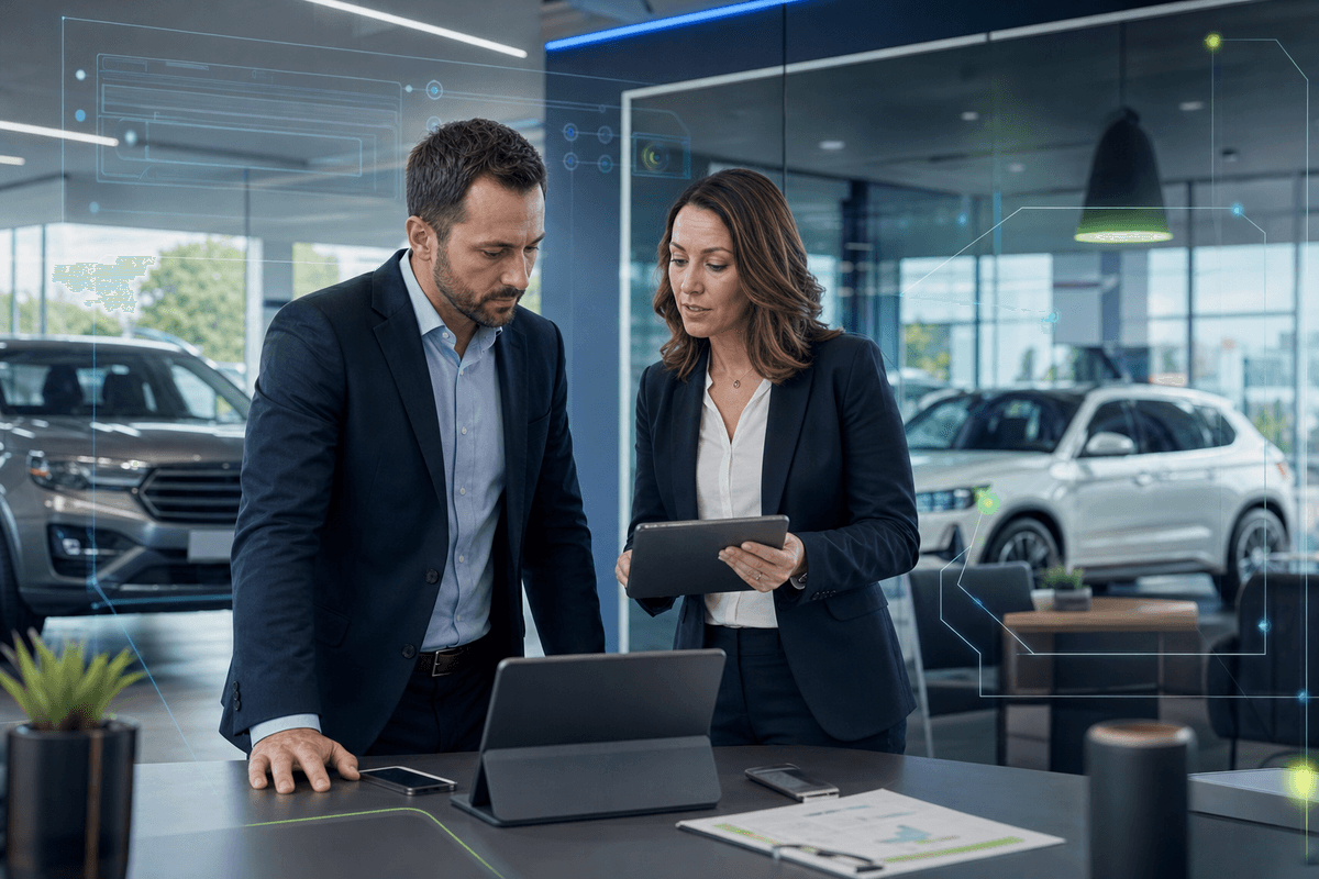 Sales director and BDC manager reviewing aged lead segments in a dealership office with blue and green CRM-style lighting.