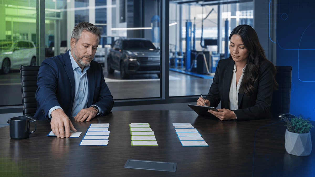 Sales manager comparing different aged lead reactivation workflows on a conference table.