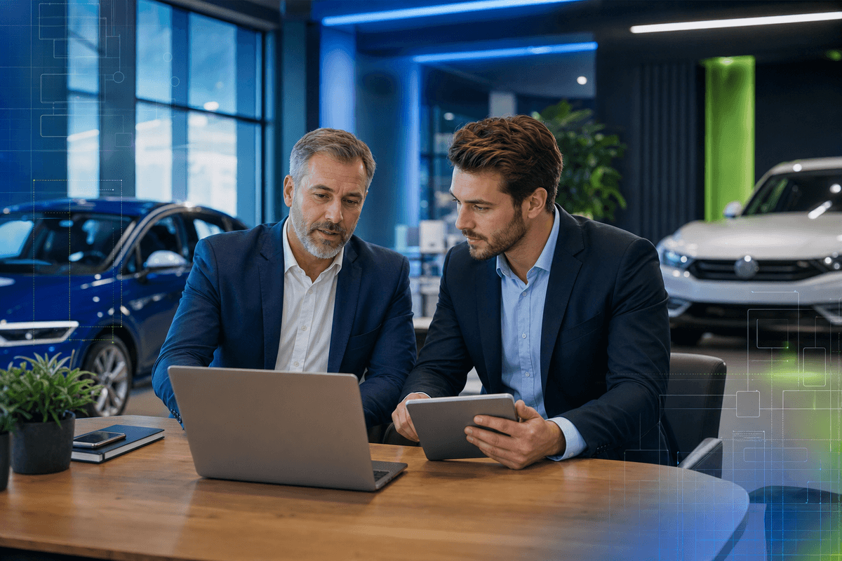 Dealership sales manager reviewing a unified customer conversation workflow with a salesperson near a showroom desk