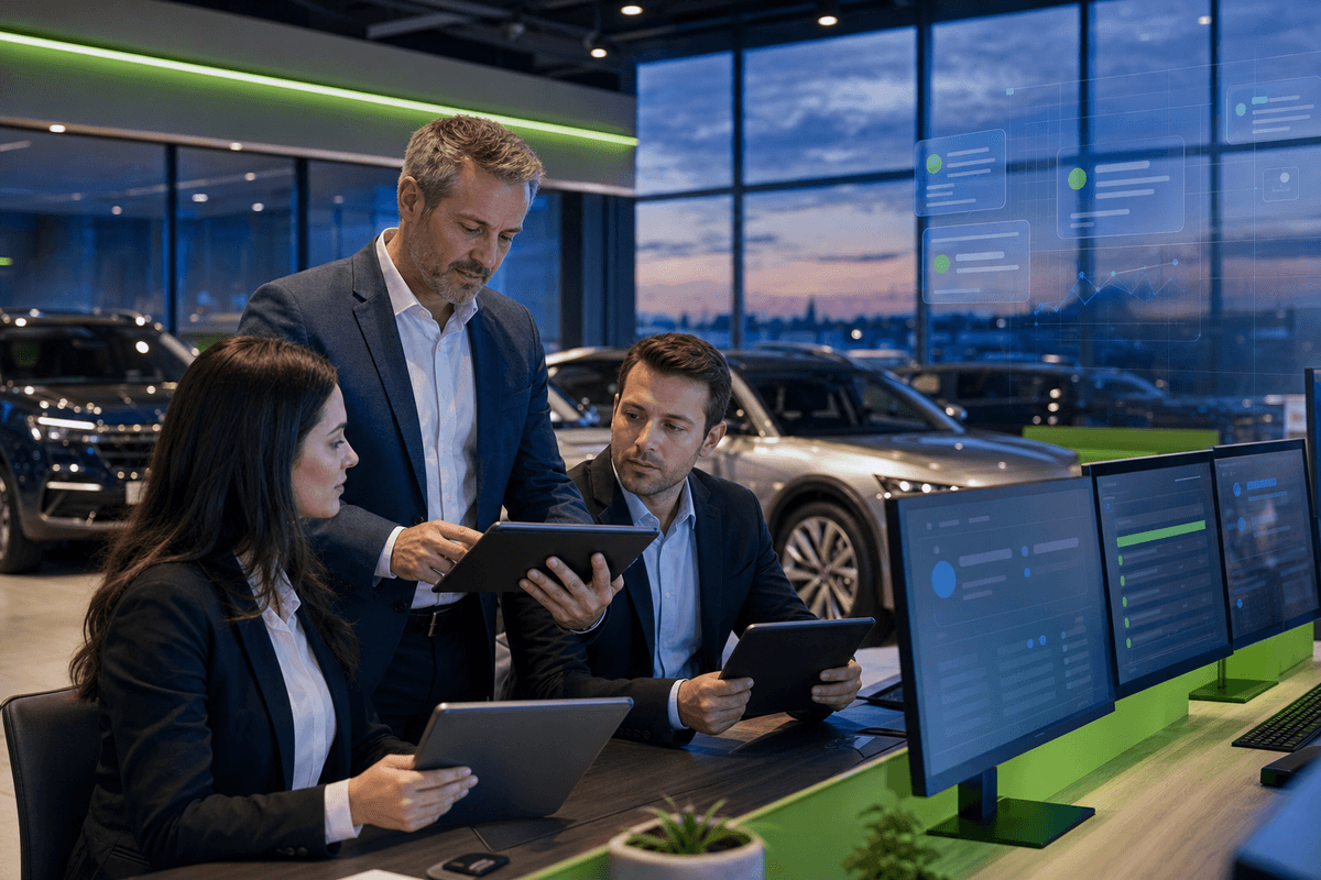 Dealership sales manager reviewing customer conversations with staff in a modern showroom using an AI CRM operating layer
