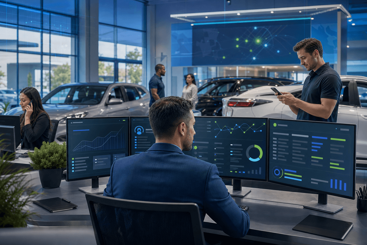 Internet sales manager reviewing incoming dealership leads while salespeople communicate with customers in a modern showroom.
