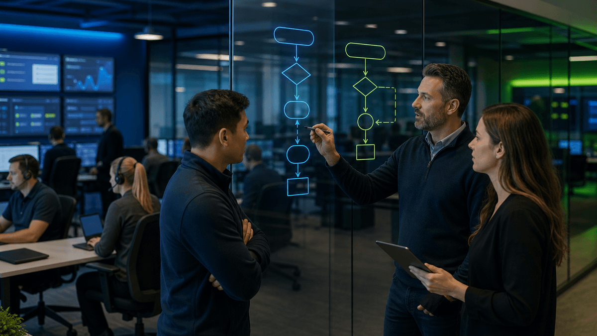 BDC leader comparing two post-lead workflows on a glass wall while sales staff work nearby.