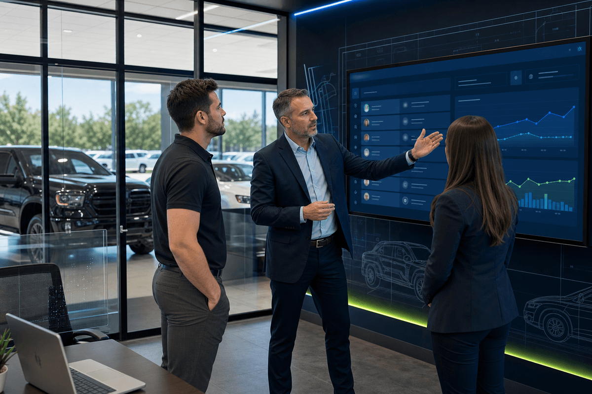 A dealership sales manager and two salespeople reviewing customer conversations on a modern office screen inside a showroom