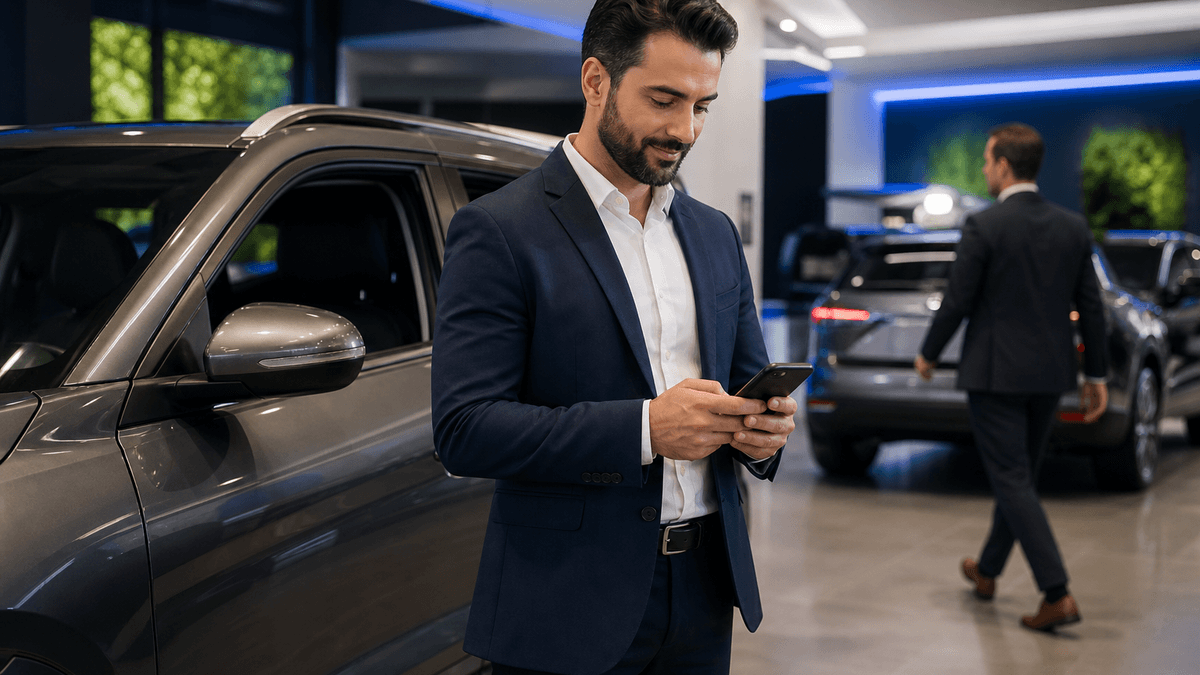 A salesperson replying to a customer message while standing beside a vehicle in the showroom