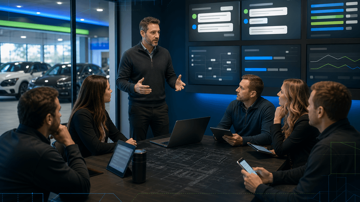 A manager watching multiple active customer conversations during a team huddle in a dealership office