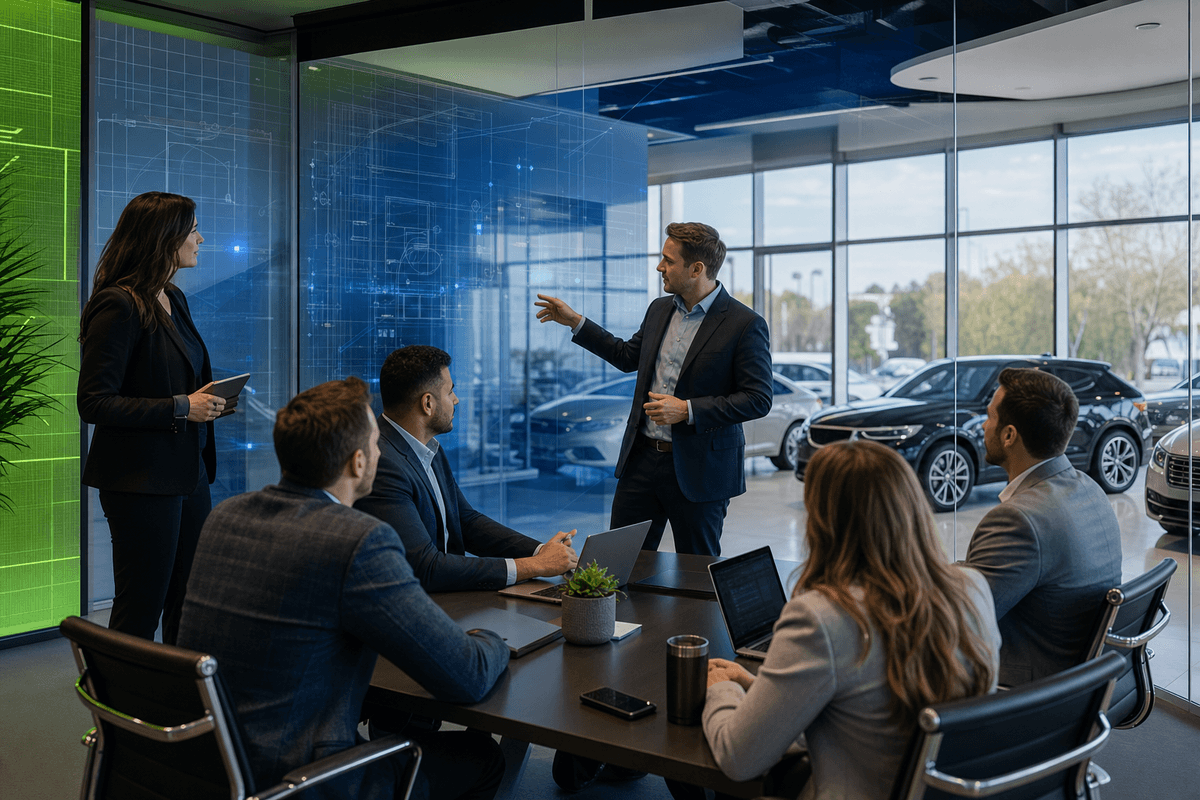 Dealer group operations team reviewing customer conversation activity across multiple rooftops in a modern automotive office