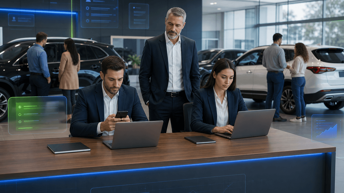 Sales manager monitoring active customer conversations while salespeople work phones in a dealership showroom