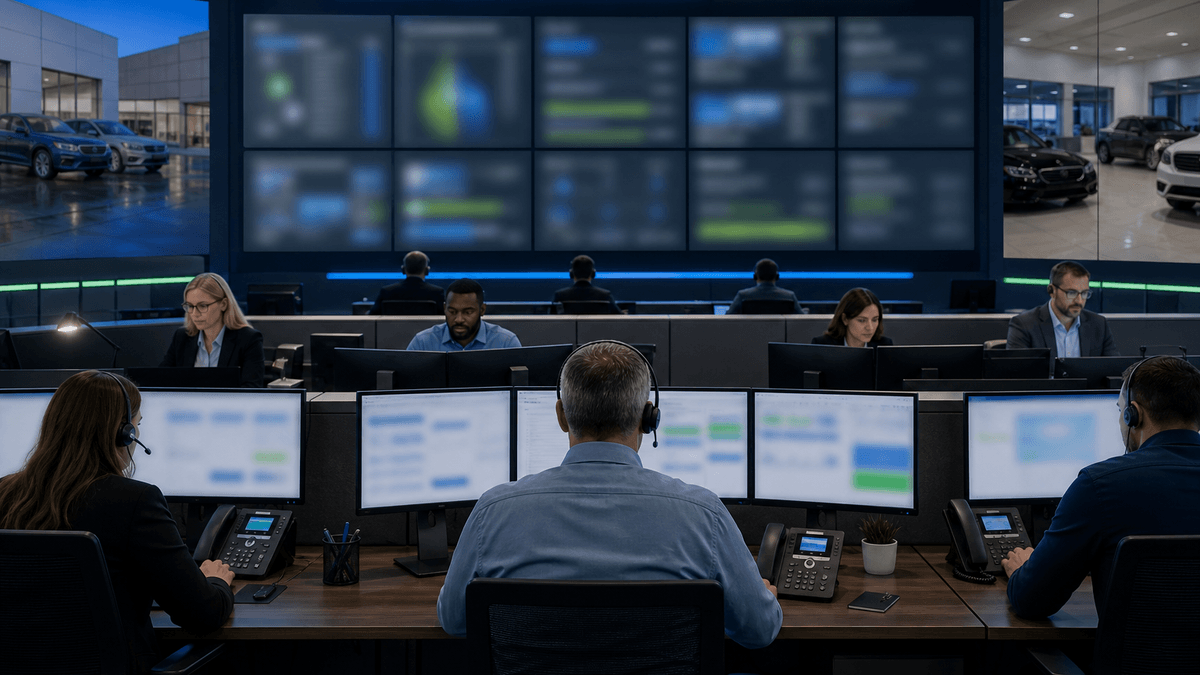 Centralized dealer group operations desk coordinating inbound replies from several rooftop locations