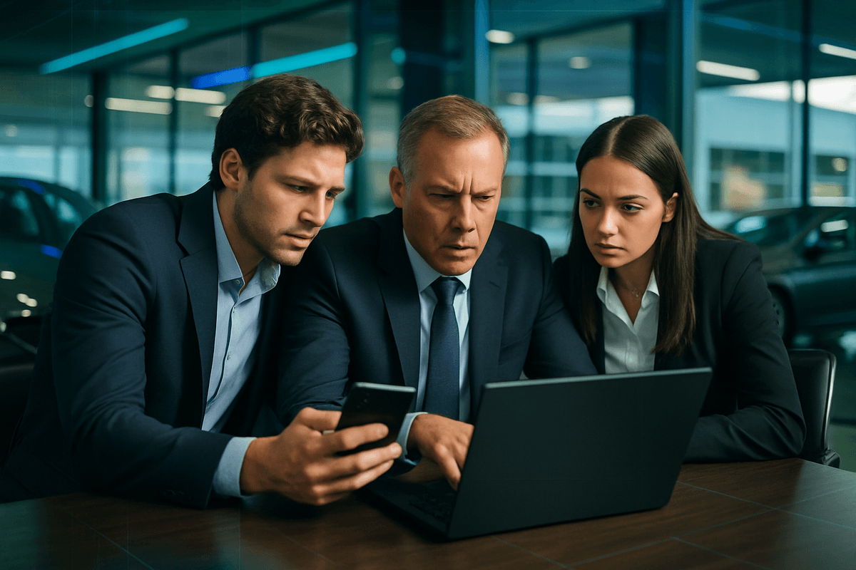 Sales manager reviewing dealership follow-up activity with a CRM-minded team in a modern showroom office