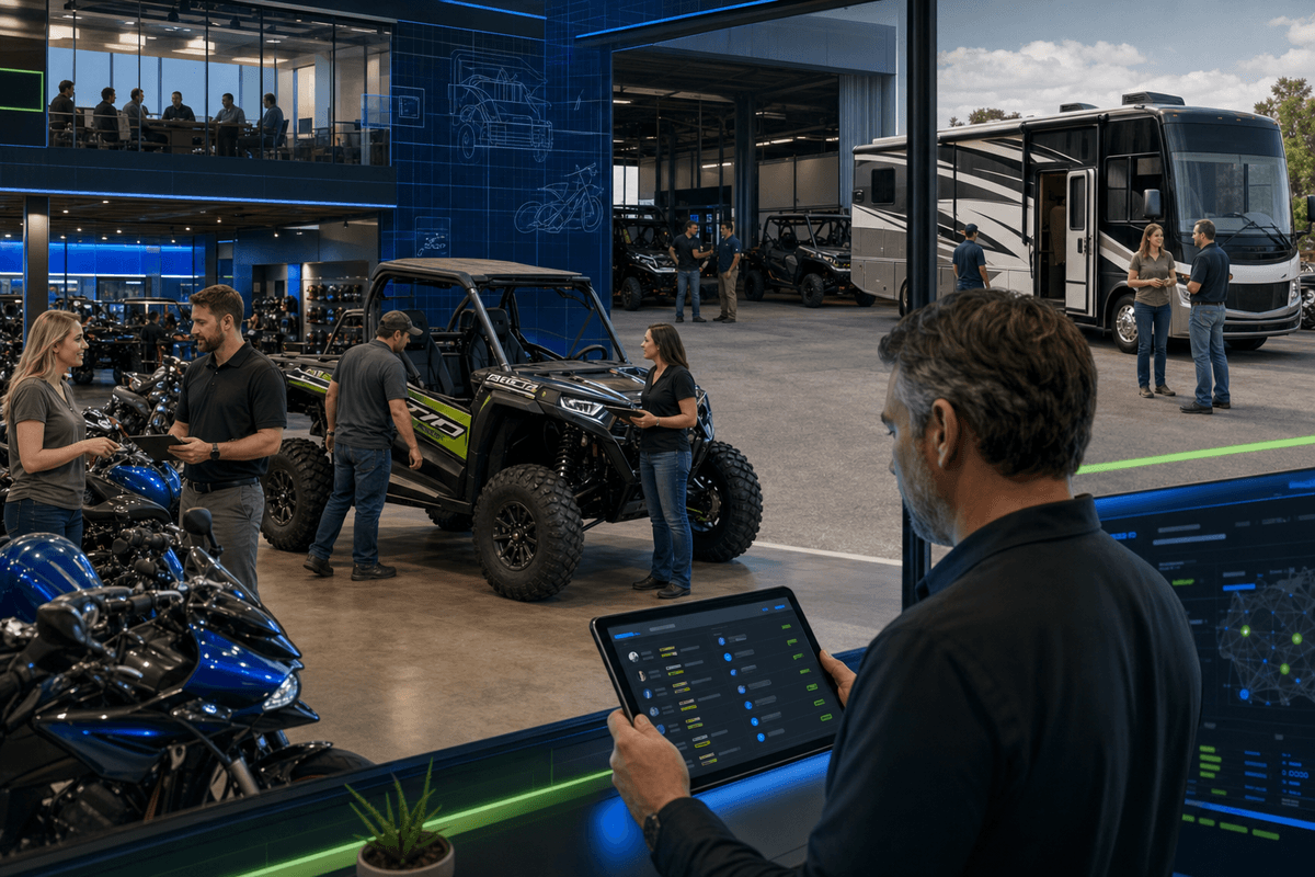Powersports and RV sales team managing weekend customer conversations in a modern showroom