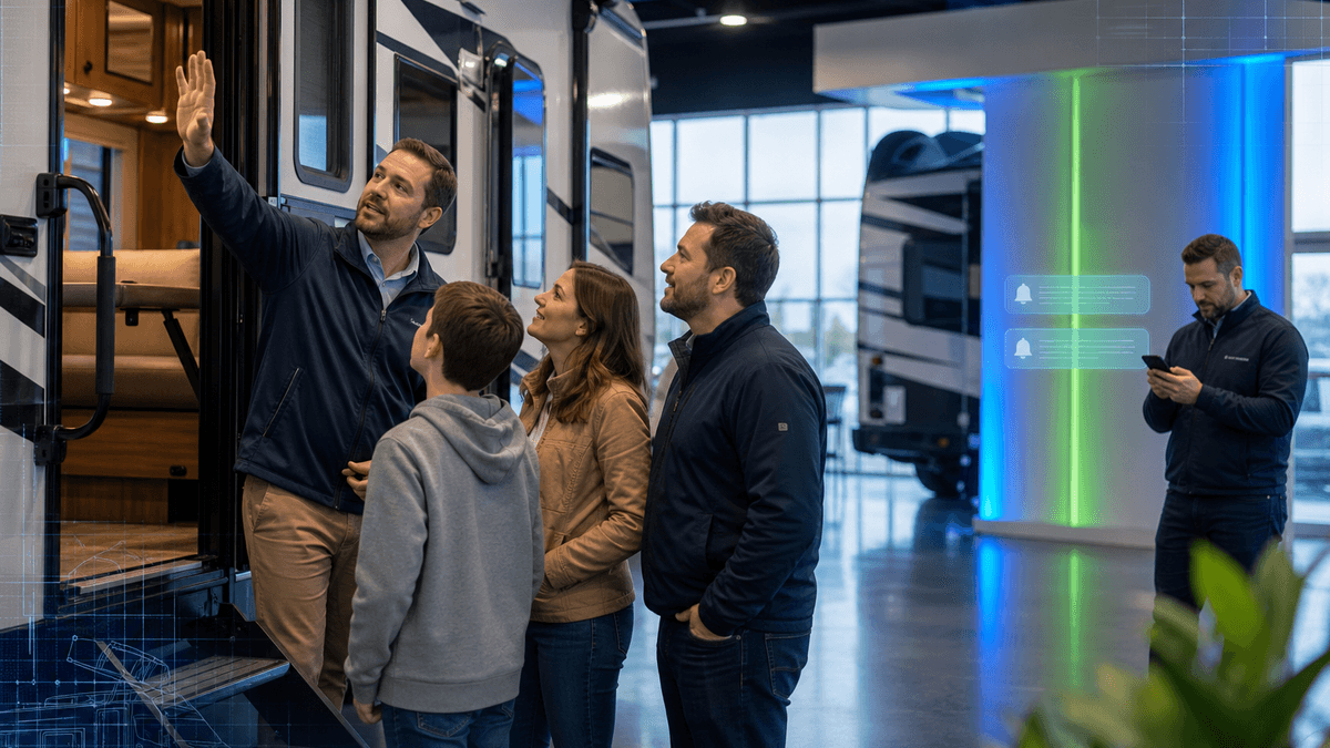 Salesperson helping a family compare RV options while digital leads arrive
