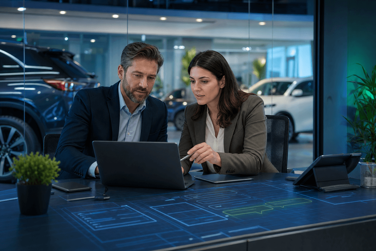 Sales manager reviewing dealership customer conversations with BDC staff in a modern showroom office