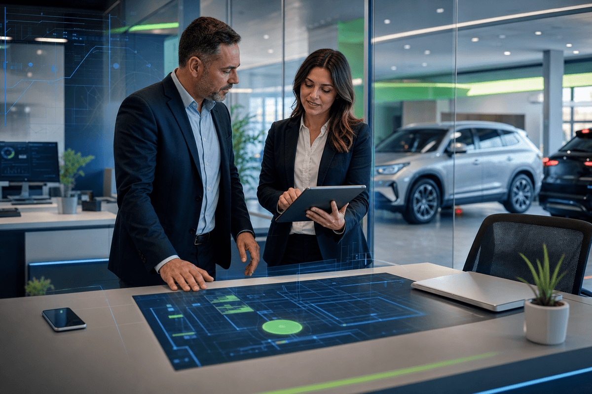 Sales manager and salesperson reviewing customer follow-up activity in a modern dealership office with blue and green lighting.