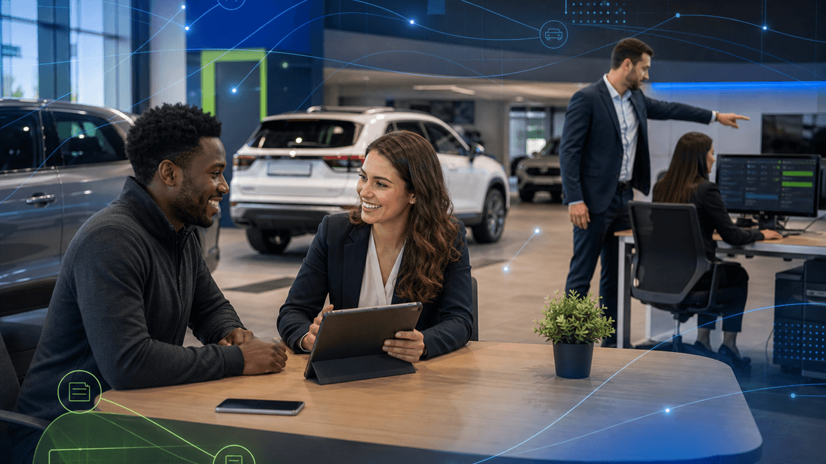 Busy dealership salesperson balancing showroom customers, phone replies, and CRM work.