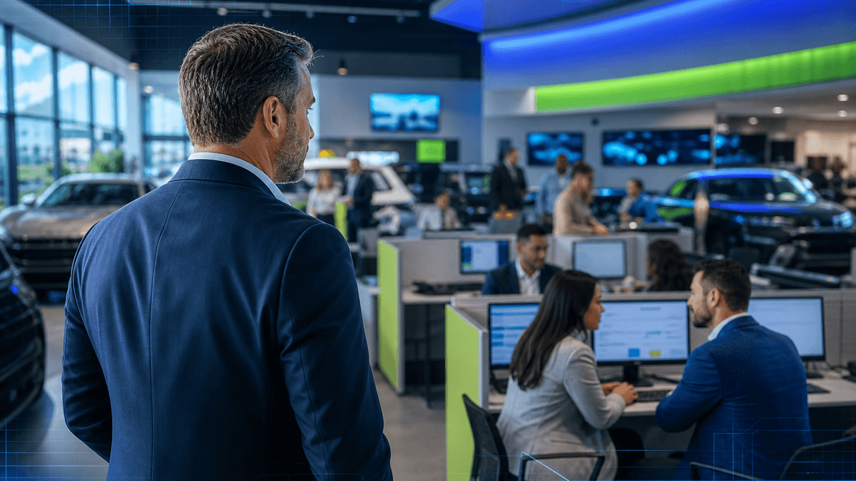 Manager looking across a dealership sales floor while customer conversations are routed in the background.