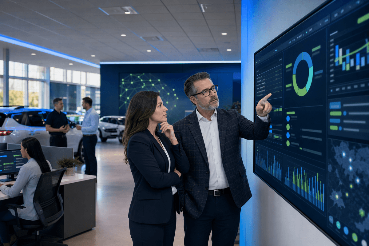 Dealership manager reviewing active customer conversations with a BDC leader in a modern showroom office.