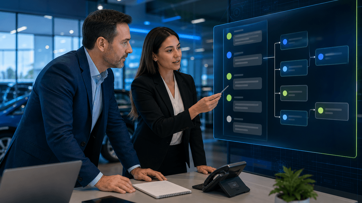 Sales manager and BDC rep identifying unresolved customer conversations in a dealership office.