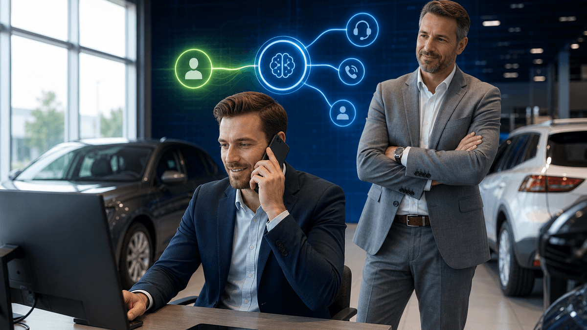 Dealership sales floor with one clear conversation handoff between AI support and a salesperson.