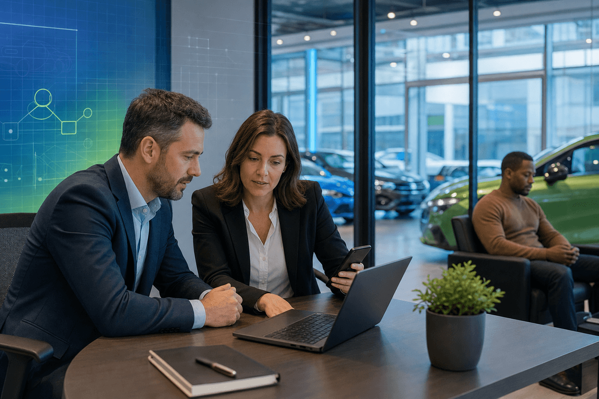 A dealership sales manager and a salesperson reviewing active leads in a modern showroom office while a customer sits nearby with a phone, conveying long-cycle follow-up and handof