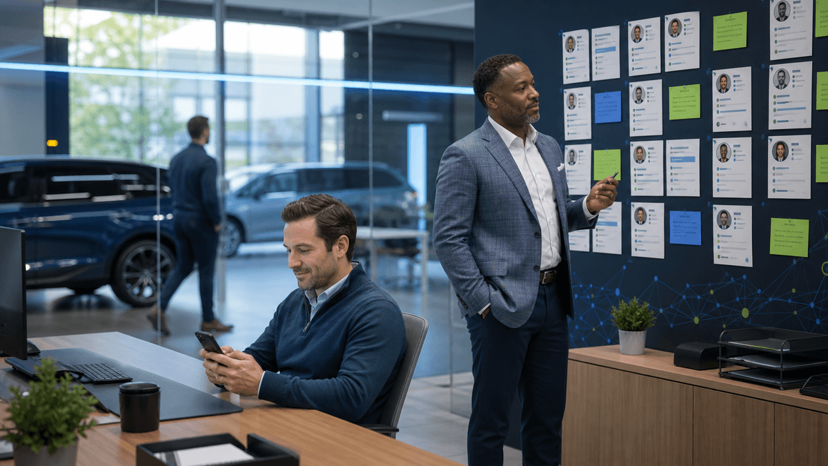 A salesperson sending a thoughtful follow-up text from a dealership desk while a manager reviews the lead queue beside them.