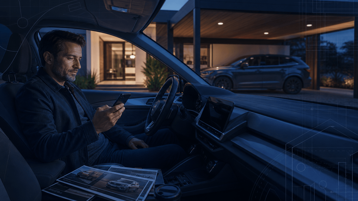 A customer comparing vehicle options over several days while receiving timely dealership messages on a phone.