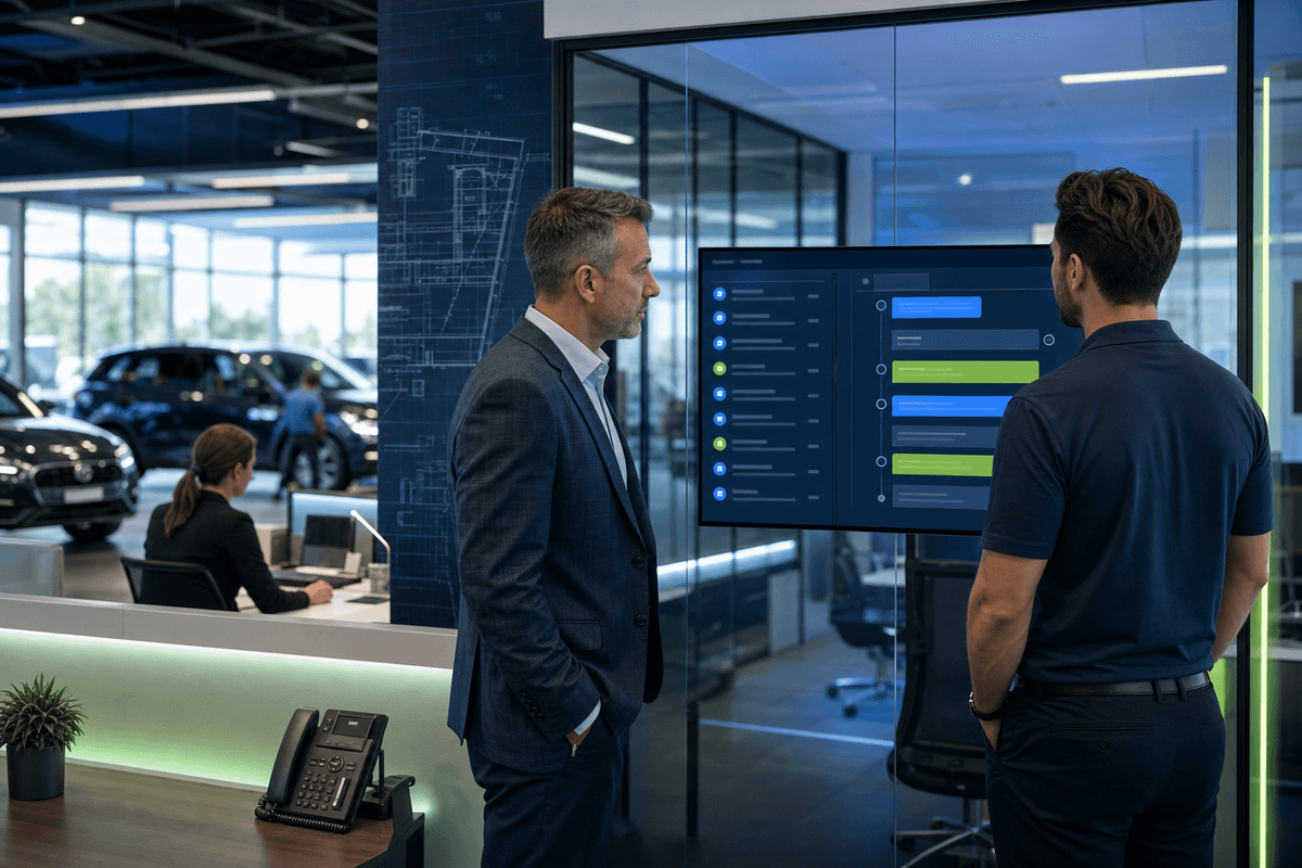 Dealership sales manager reviewing active customer conversations on a modern office screen while a salesperson texts a shopper nearby