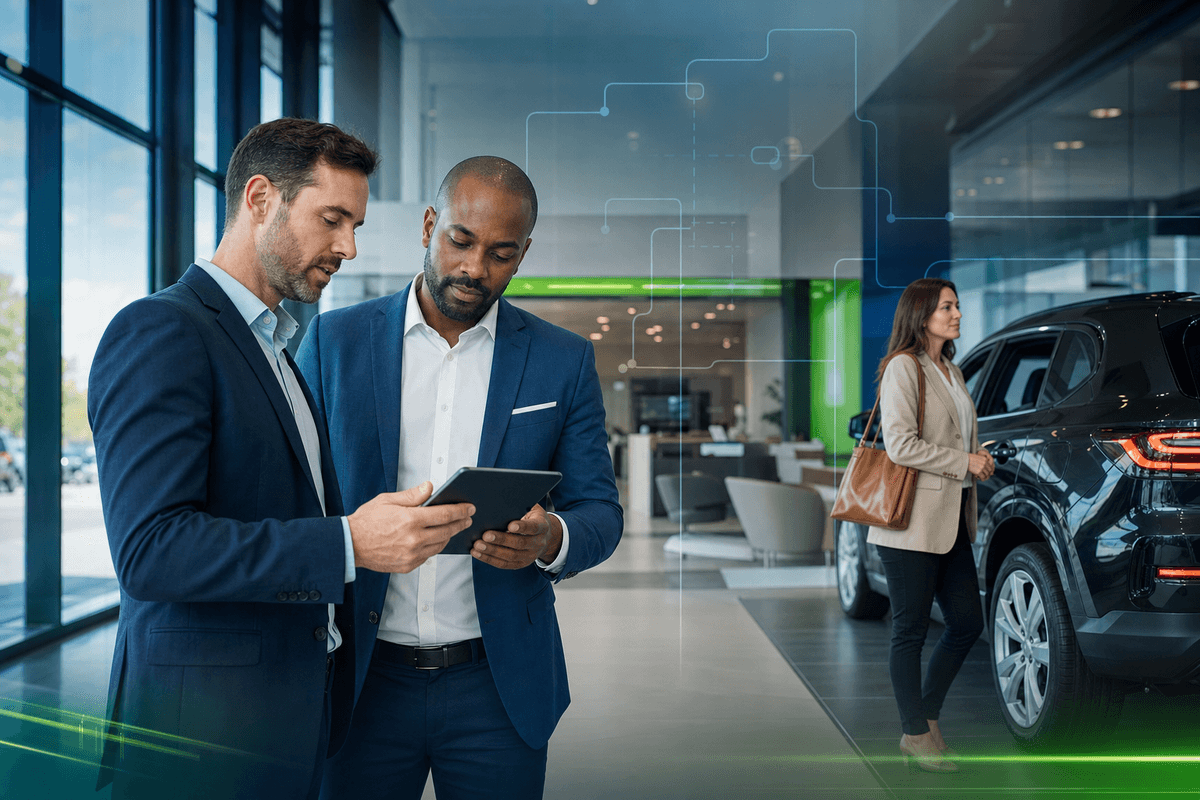 Dealership manager and salesperson coordinating a customer appointment from a modern showroom desk with blue and green lighting accents.