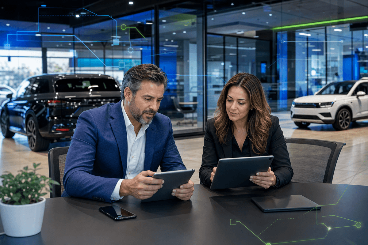 Sales manager and BDC leader reviewing dealership appointment activity at a desk with a showroom and vehicles in the background.