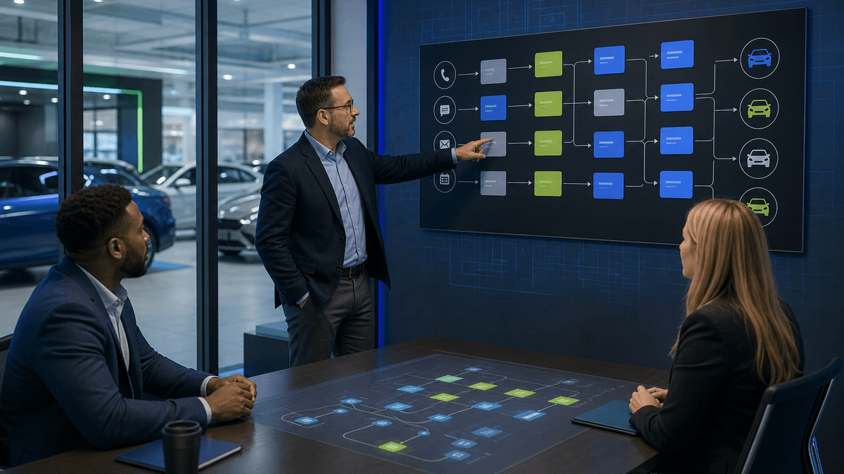 Dealership manager separating scheduling, reminders, and appointment protection on a planning wall without readable writing.