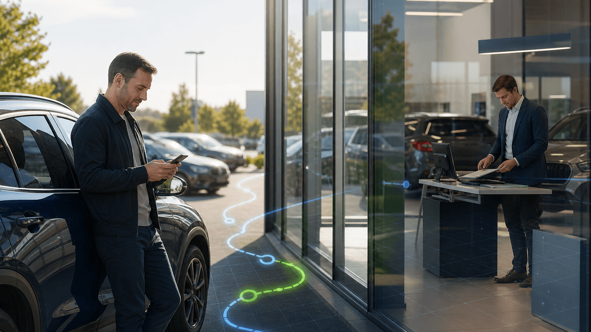 Customer using a phone near a dealership vehicle while a salesperson prepares for the visit in the background.