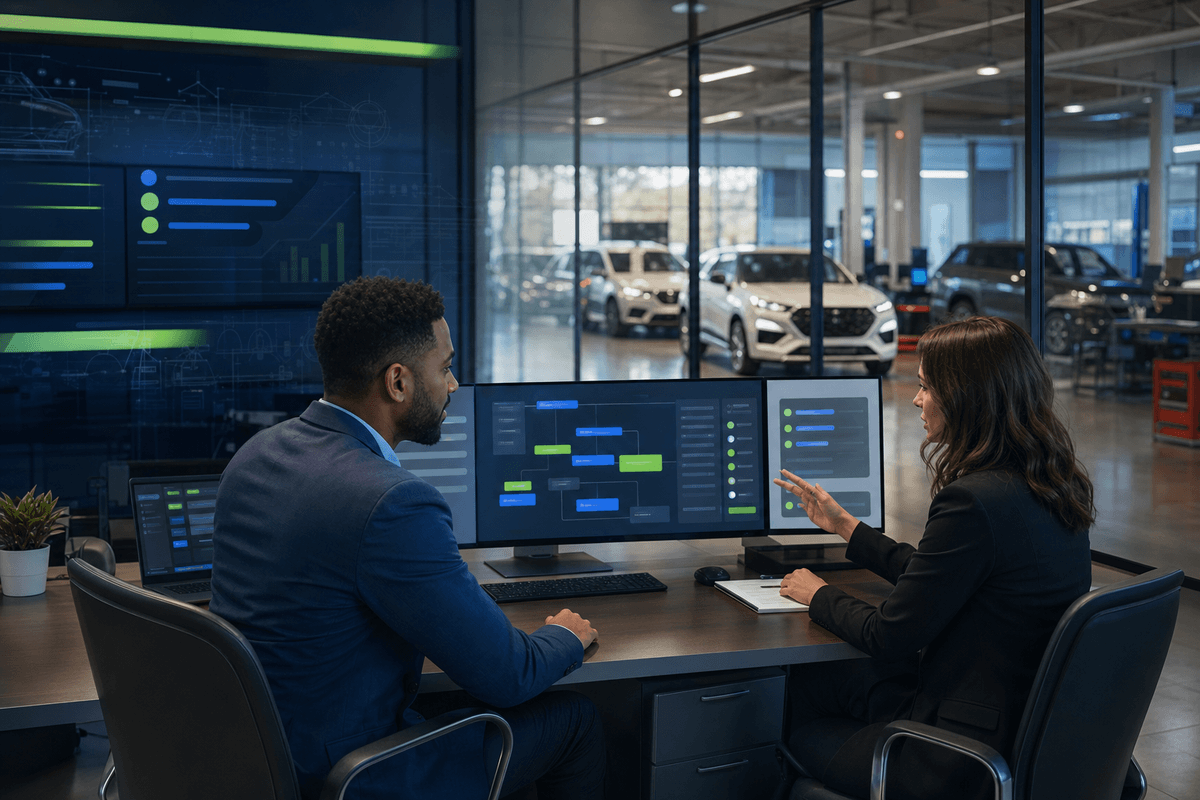 BDC director and service manager reviewing dealership customer communication workflows in a modern showroom office