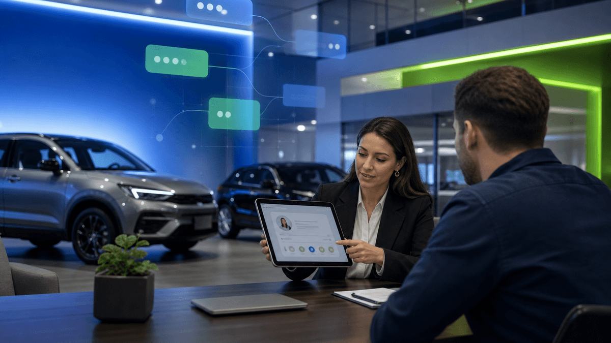 Salesperson sending proactive follow-up to a quiet shopper from a dealership desk
