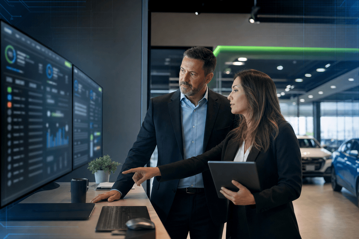 Sales manager and BDC leader reviewing appointment activity in a modern dealership office with cars visible through the showroom glass.