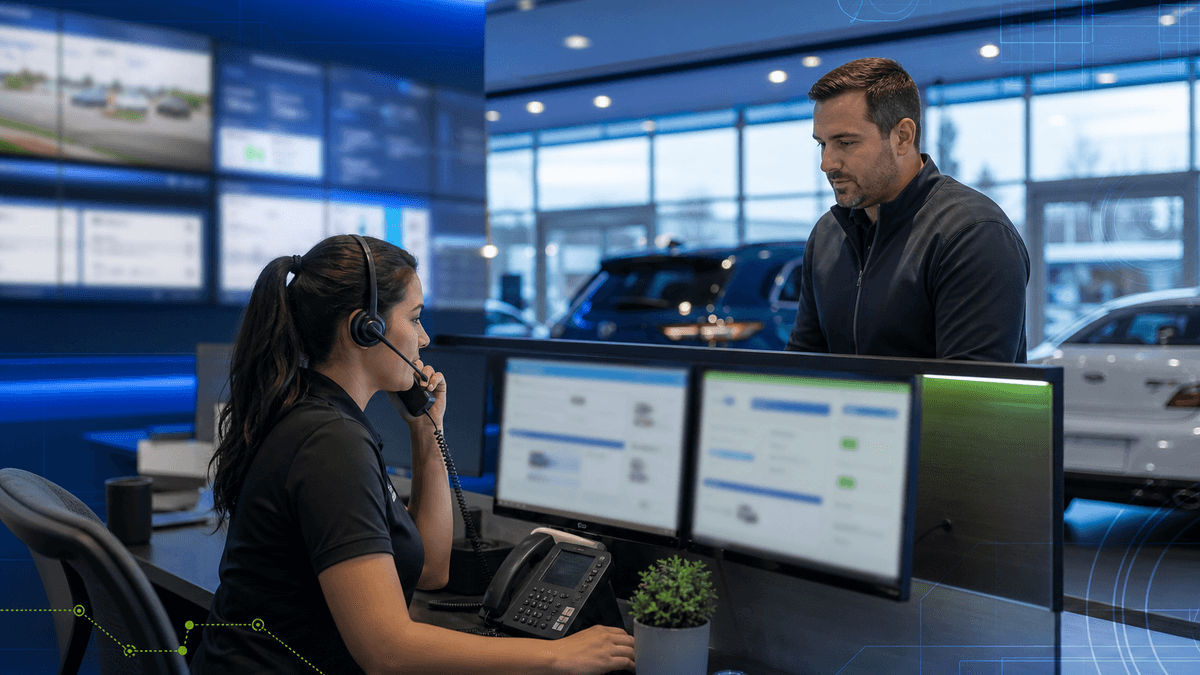 BDC team member responding to a fresh dealership lead while a manager observes the workflow.